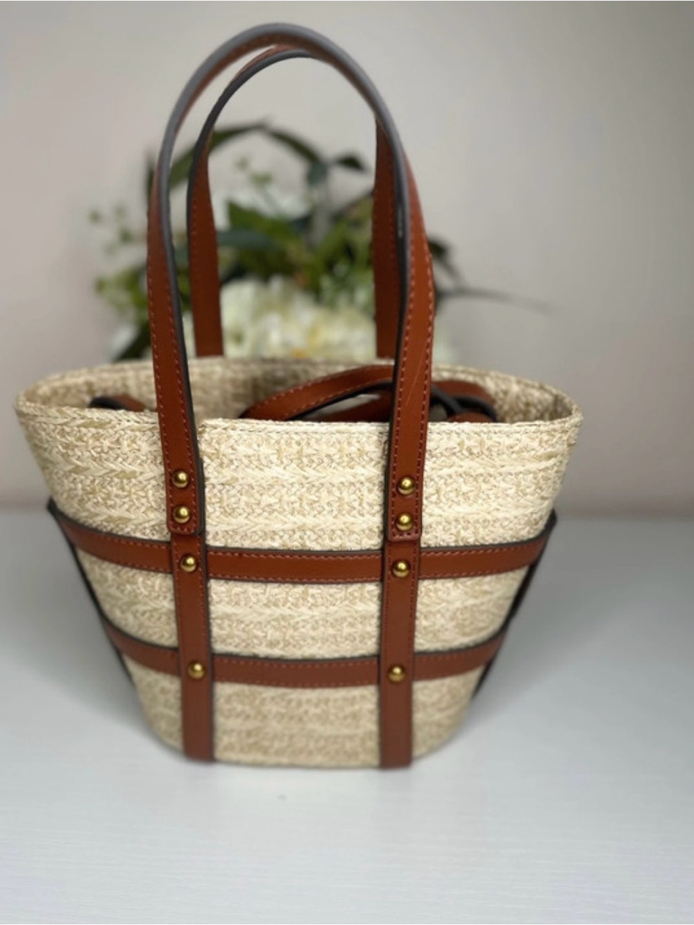 Rachel Zoe Woven Straw Tote Bag Brown Leather Trim Crossbody NWT - Picture 4 of 5